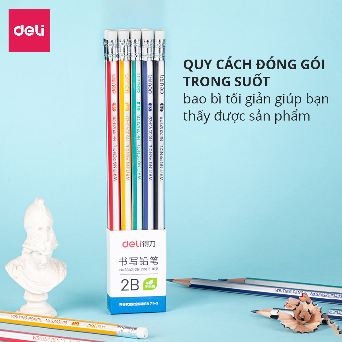 Bút chì 2B HB gỗ tự nhiên Deli - Dễ gọt và nhạy với máy chấm thi - Kèm tẩy và gọt - 10 chiếc/vỉ 50 chiếc/hộp - 33431 / 33433