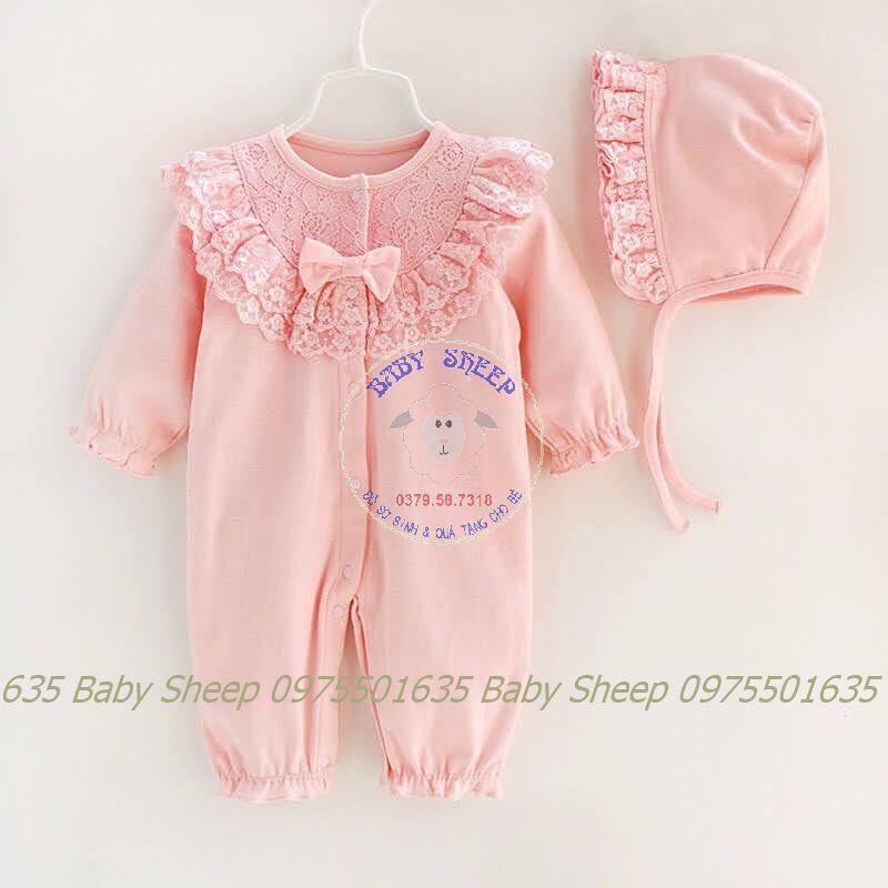 HÀNG CAO CẤP- Body ren nơ cotton dài tay dài chân kèm mũ ren cho bé sơ sinh đầy tháng