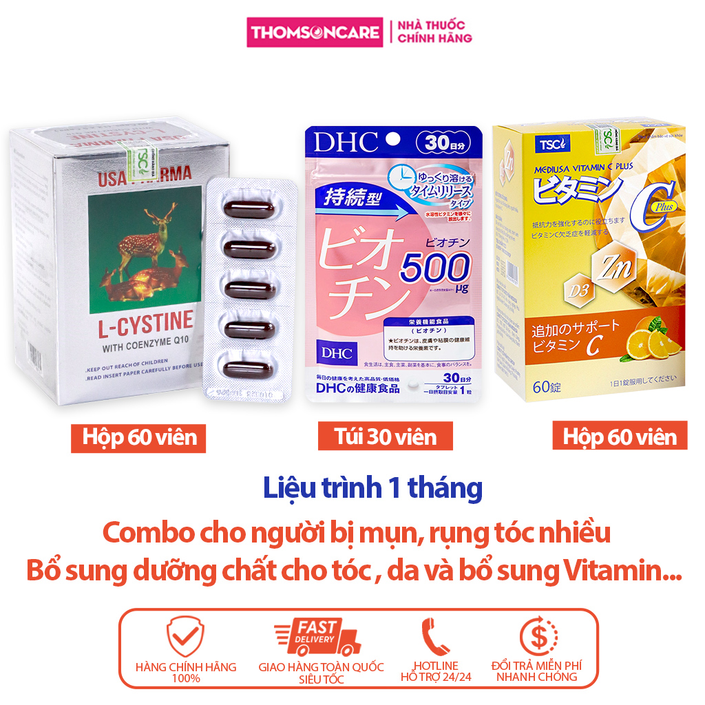 Combo viên uống tóc chắc khỏe, đẹp da Lcystine 60v, DHC Biotin 30v, Vitamin C có thêm Kẽm 60v - Bổ sung dưỡng chất cho da và tóc , bổ sung vitamin C và kẽm - Thomsoncare