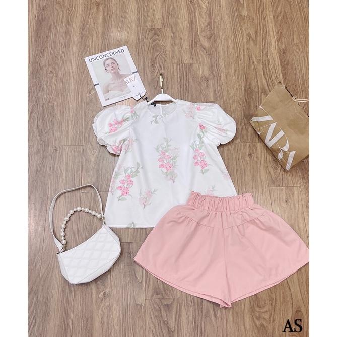 Set đồ bộ áo hoa tay bồng, quần đùi hồng tiểu thư