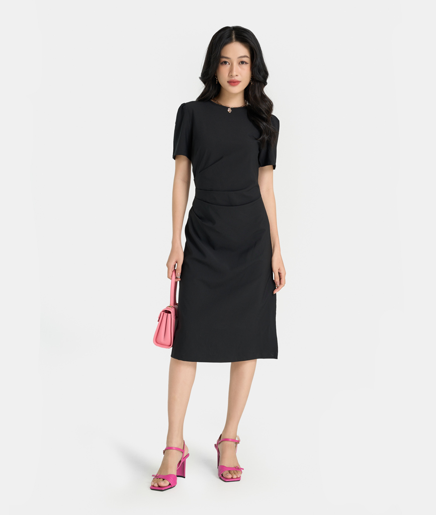 Đầm Lửng Nữ Thời Trang HNOSS Xếp Eo Tay Ngắn HNDLU058