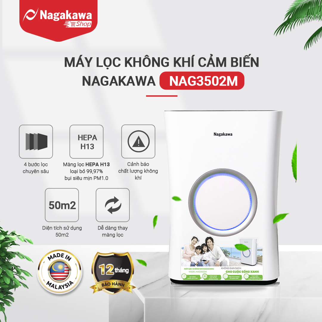 Máy Lọc Không Khí Cảm Biến, Tạo Ion Cho Diện Tích 50m2 Nagakawa NAG3502M - Hàng Chính Hãng