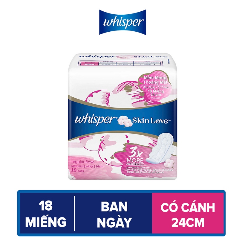 Băng Vệ Sinh Whisper SkinLove Siêu Mỏng Có Cánh Ngày Vừa 24cm (Gói 18  Miếng)