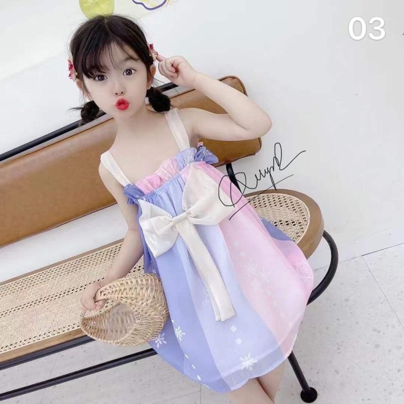 Váy 2 dây phối nơ màu sắc cho bé gái