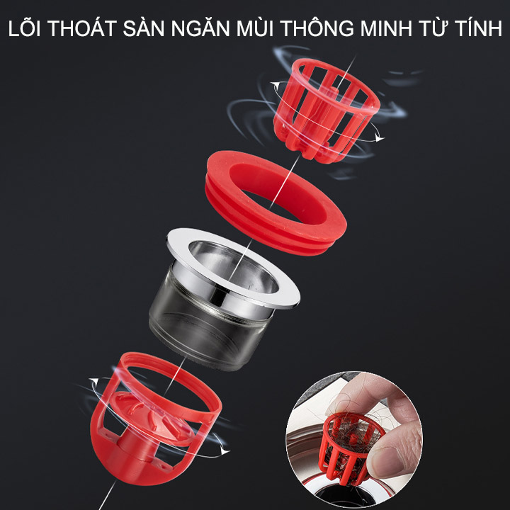 Lõi ngăn mùi thoát sàn, chắn rác từ tính thông minh S8P, một chiều, bằng nhựa ABS kèm 8 giỏ lọc rác