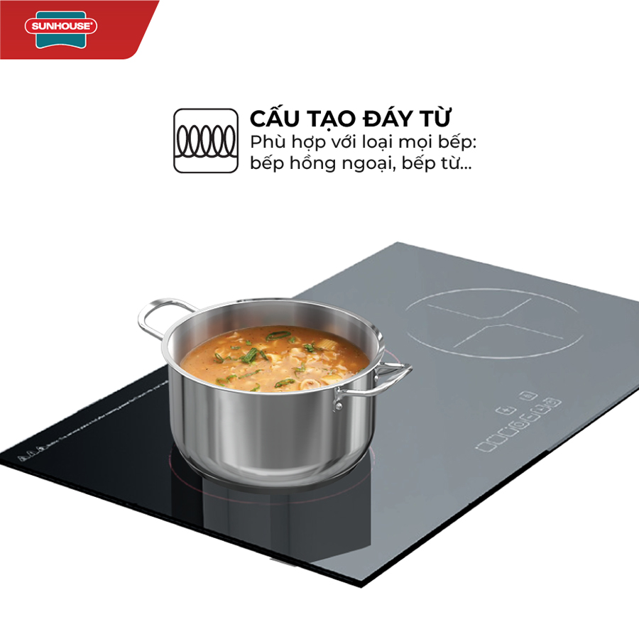 Bộ nồi chảo inox cao cấp 5 món Easy Cook Sunhouse SHG996E gồm 2 nồi (20cm, 24cm), 1 chảo 24cm , 1 quánh 24cm , 1 xửng hấp 16cm - Dùng trên mọi loại bếp - Hàng chính hãng