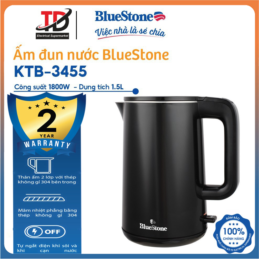 Ấm Đun Siêu Tốc Bluestone Ktb - 3455, 1.5Lit - 2200W, 2 Lớp Siêu Bền - Hàng Chính Hãng