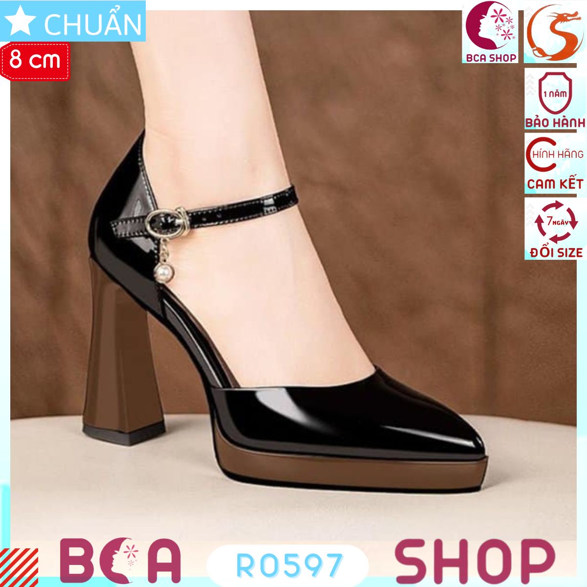 Giày cao gót nữ phối màu đế 8p RO597 ROSATA tại BCASHOP bề mặt đen bóng phối đế và gót nâu nhìn độc đáo và sang trọng