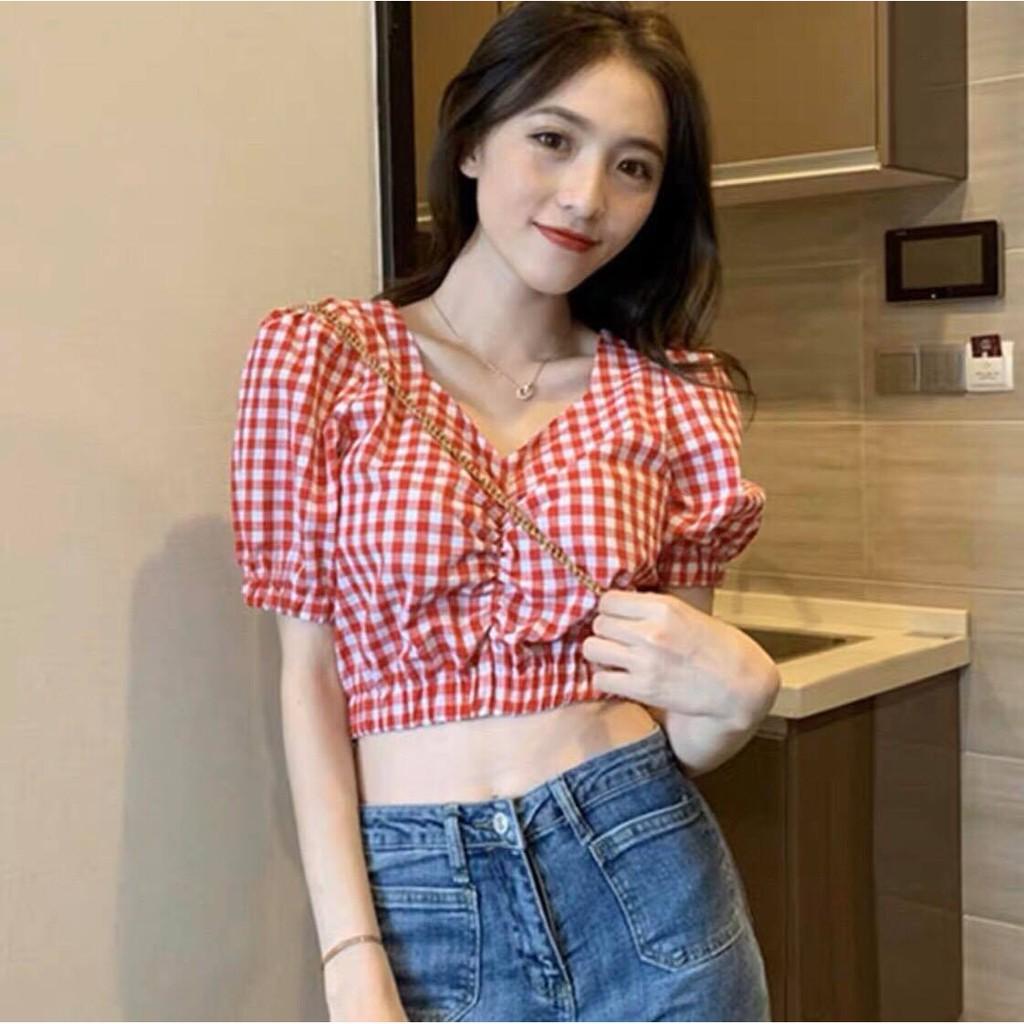 Áo nữ kiểu Croptop rút ngực Caro xinh đẹp, cổ tim, chất vải đẹp, mát, mềm - Nhiều màu - MIN Boutiques