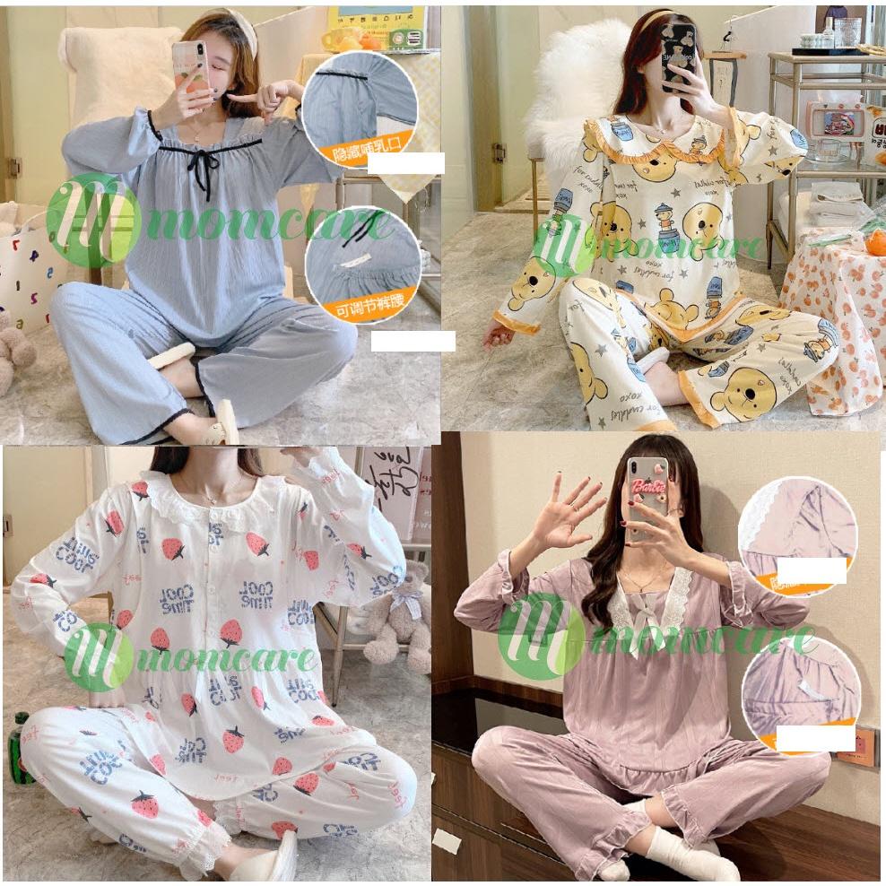 Bộ đồ bầu CỔ BÈO - Đồ sau sinh cho con bú ti dài tay, quần áo cho mẹ thời trang đẹp mặc nhà Cotton mùa hè giá rẻ Bigsize NEW