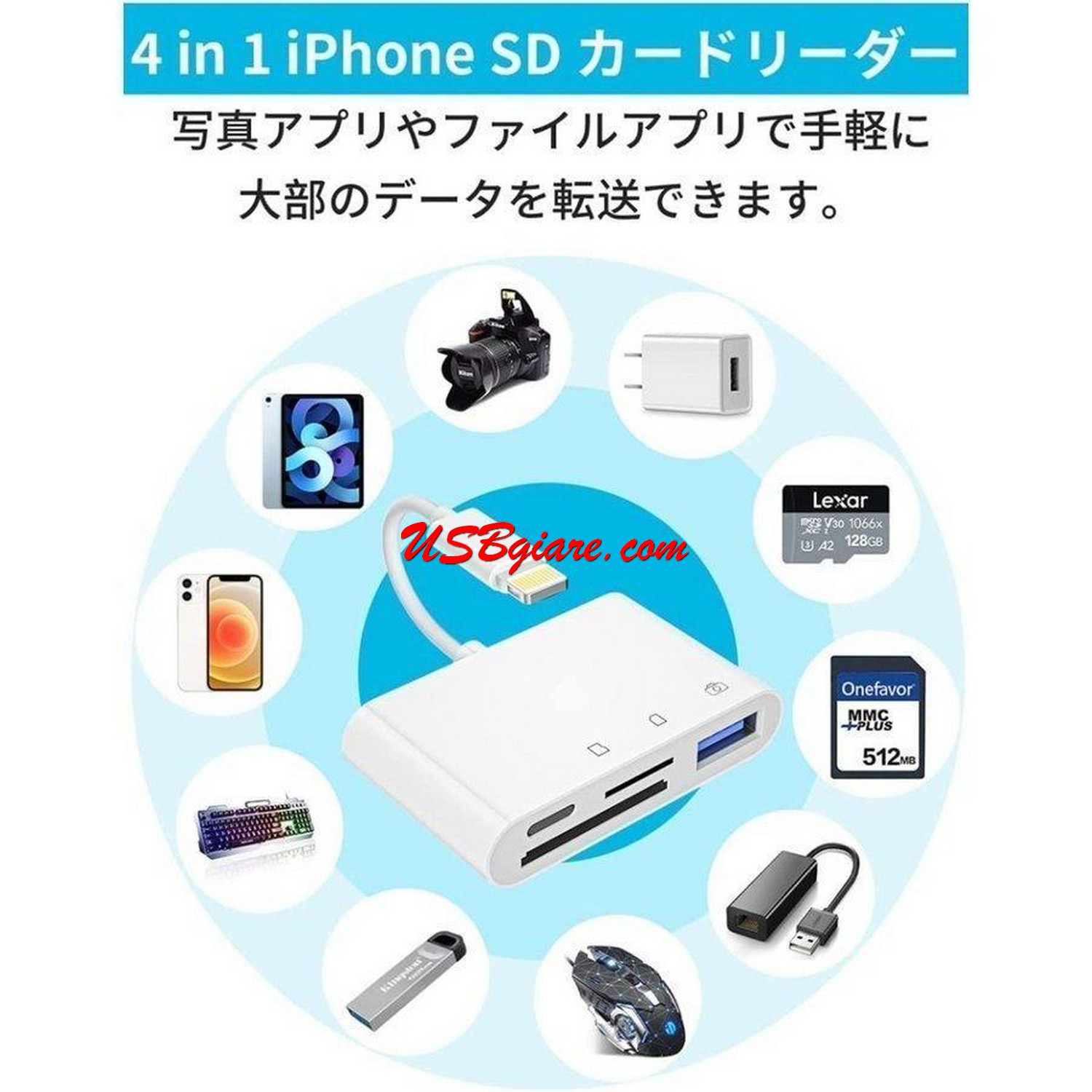 Đầu đọc thẻ SD Micro SD TF USB OTG + sạc cho điện thoại iPhone iPad