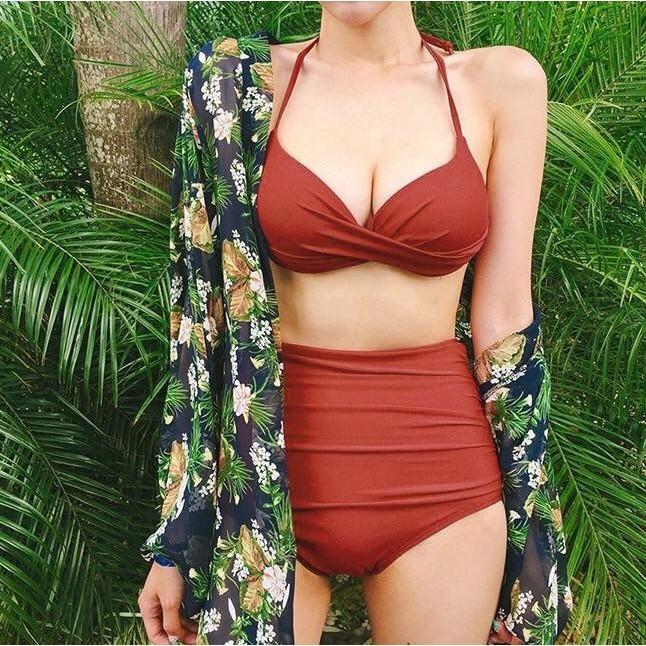Bikini 2 mảnh áo gọng không nơ quần cạp cao-che khuyết điểm cực tôn dáng-bikinistore