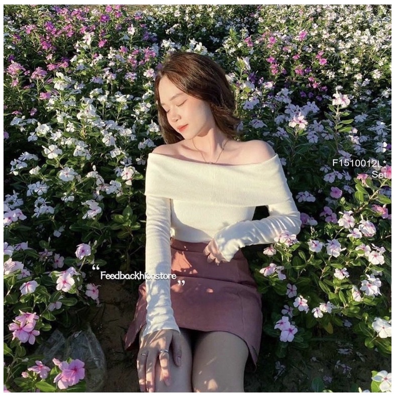 Áo thun gân tăm trễ vai dài tay dáng body sang chảnh