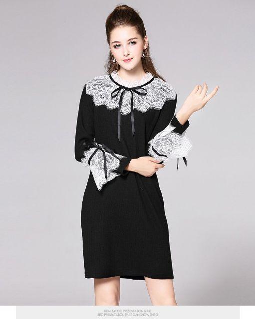 ĐẦM SUÔNG FROM RỘNG PHỐI REN CỘT NƠ