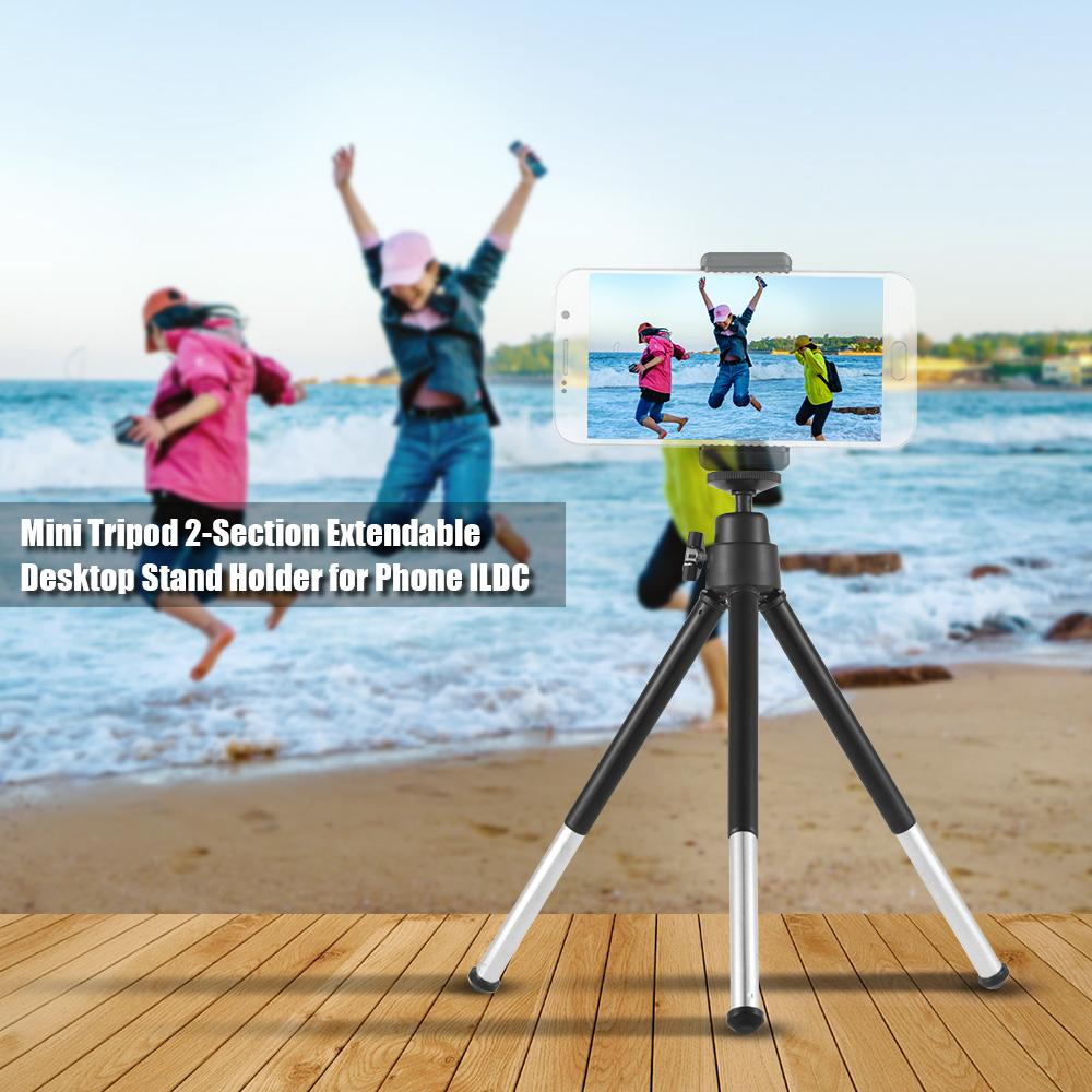 Mini Tripod 2-Section Extendable Desktop Tripod Stand Holder 1/4 Inch Screw Mounts for Phone ILDC Max. Load 0.5kg Black
