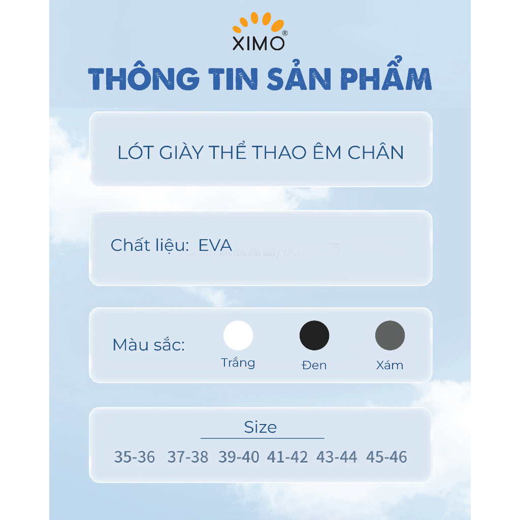 Lót giày thể thao cao su non EVA êm ái, giảm tác động lực vào lòng bàn chân, thấm hút mồ hôi tốt XIMO
