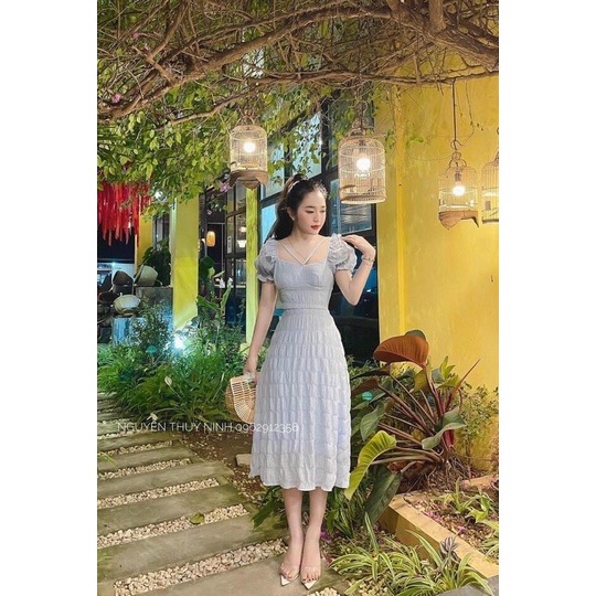 Đầm maxi cổ vuông vai bèo dây cột nơ chéo ngực tiểu thư nhiều màu