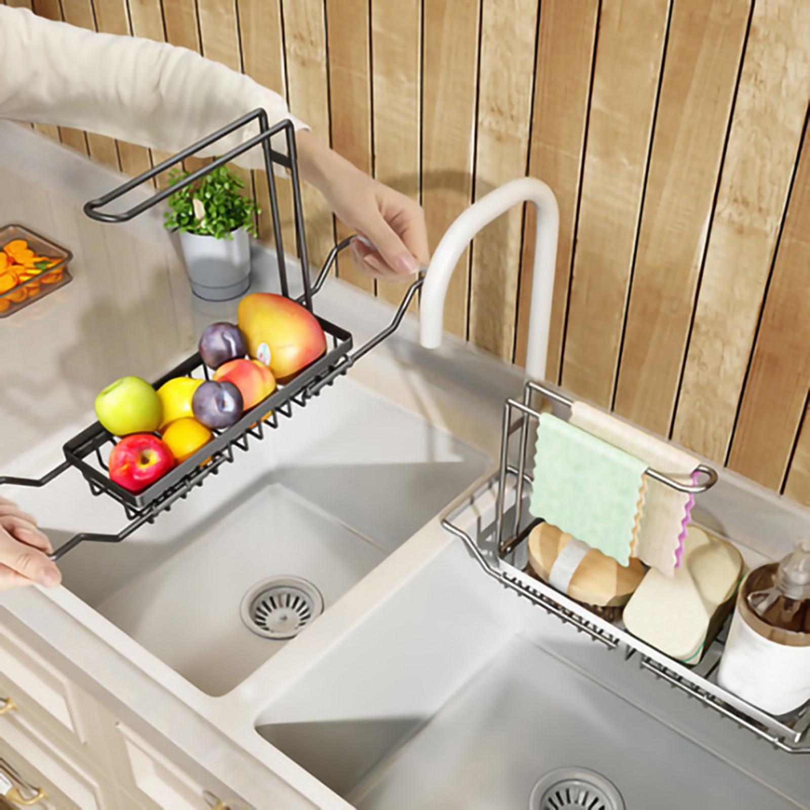 Over the Sink Storage Rack Organzier Adjustable Sponge Holder Drain Basket with Dish Towel Hanger