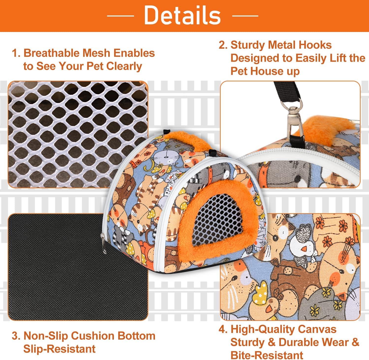 Giường hamster, giường ẩn vật nhỏ di động với dây đeo có thể tháo rời, dây kéo đôi thoáng khí trong túi du lịch, giường động vật nóng cho chuột đồng, nhím, chinchilla, thỏ