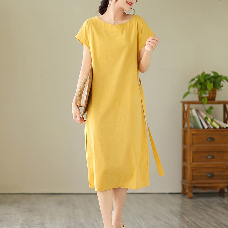 Đầm suông Linen thiết kế cơ bản cổ tròn tay lỡ đai rời, chất vải Linen Hàn mềm mát Đũi Việt