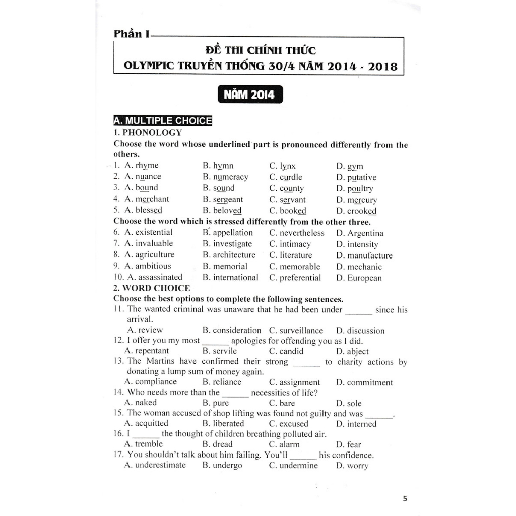 Tổng Ôn Tập Đề Thi Olympic 30 Tháng 4 Tiếng Anh 11 từ năm 2014 đến năm 2018