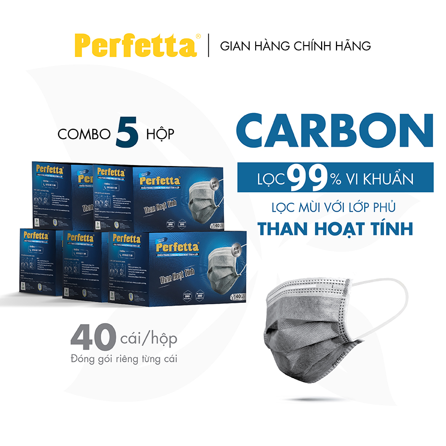 5 hộp khẩu trang 4 lớp Perfetta carbon than hoạt tính - Hàng chính hãng