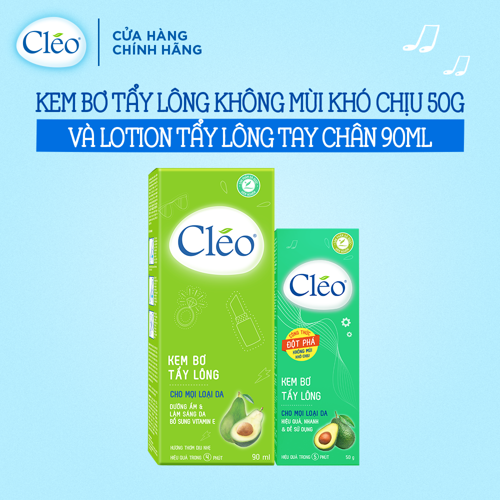 Combo Kem Bơ Tẩy Lông Nách Cléo 50g Hương Thơm Dễ Chịu &amp; Lotion Tẩy Lông Tay, Chân Cléo 90ml cho Mọi Loại Da Kể Cả Da Nhạy Cảm