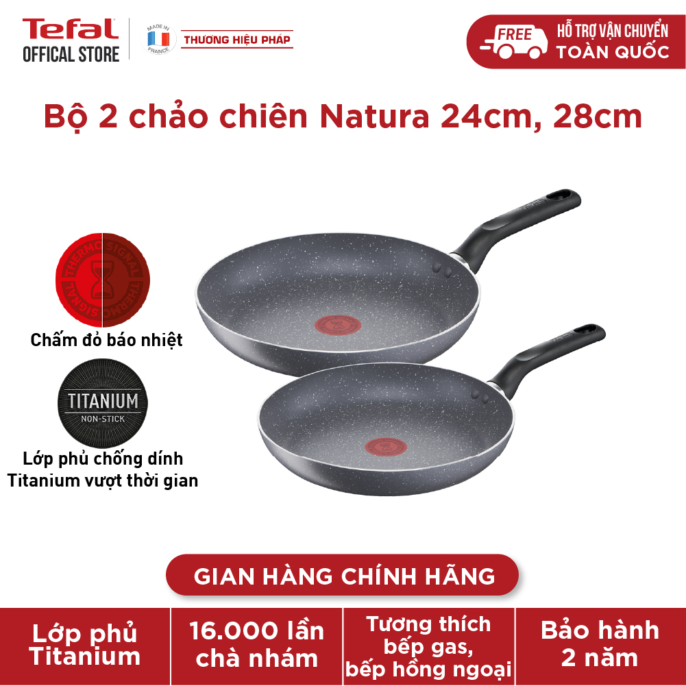 Bộ 2 chảo chiên Tefal Natura dùng cho bếp ga và hồng ngoại (24cm, 28cm) - Hàng chính hãng