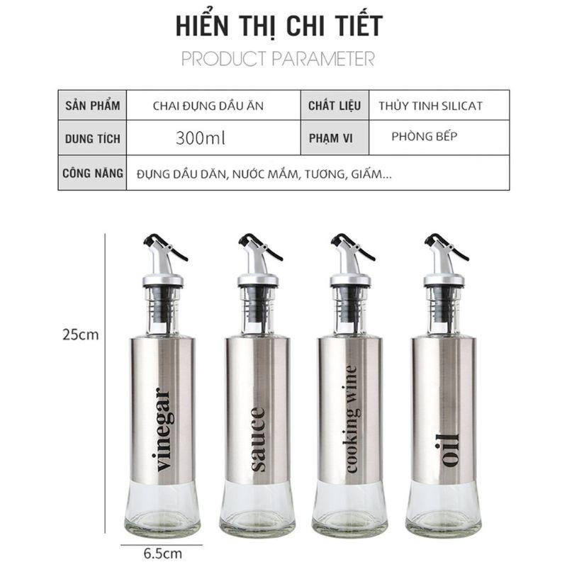 Chai Đựng Dầu Ăn, Nước Mắm, Gia Vị Thuỷ Tinh Bọc Inox Cao Cấp 300ml - Chiết Rót Chống Tràn