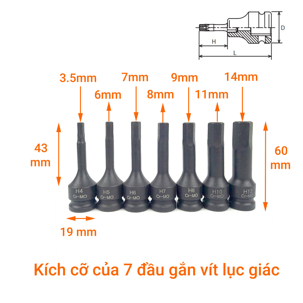 Đầu vặn vít lục giác gắn súng bắn ốc 3/8" thép Cr-MO H4 - H12