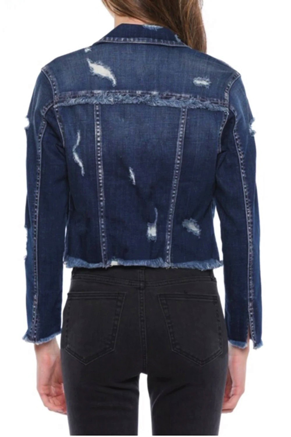 Khoác Jeans Cropped denim jacket Cell() Jeans dành cho Nữ. Chất jeans mềm, co giãn thoải mái. Không nón, Xanh đậm, Rách nhhiều 113/120