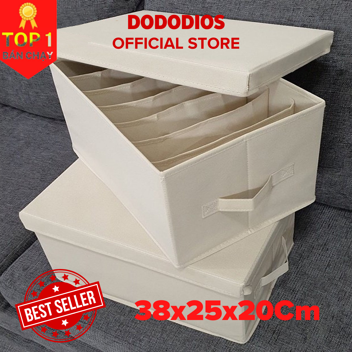 Bộ 2 hộp đựng đồ chia 7 ngăn sắp xếp quần áo dododios - Hộp vải đa năng HQ2 tiện ích, chất liệu cao cấp, phong cách Nhật Bản sang trọng