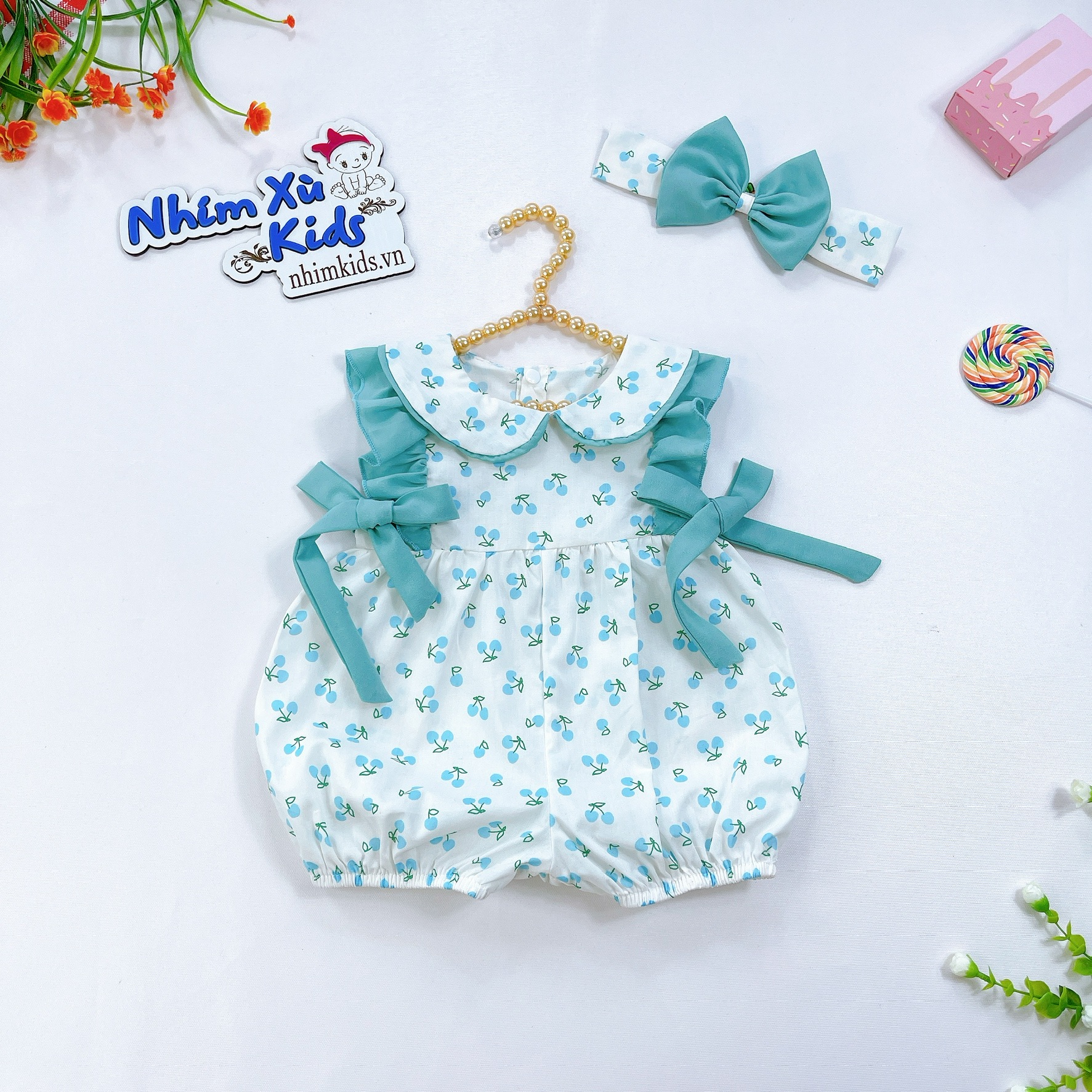 Body Nơ Xanh Bé Gái 3 Đến 12kg, Áo Liền Quần Hoạ Tiết Quả Cherry Xanh Chất Thô Boi Mềm Mát