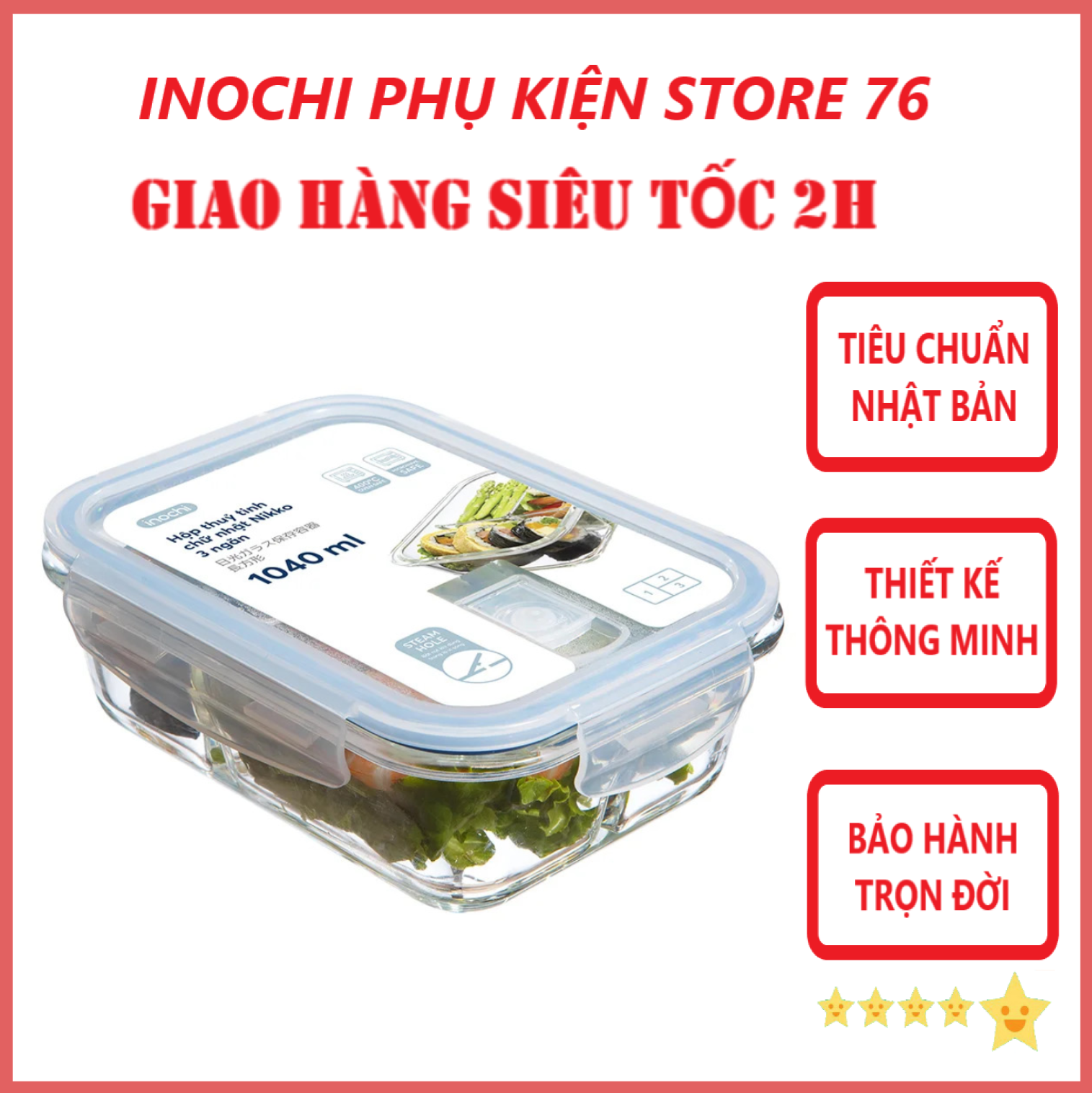 Hộp Cơm Thủy Tinh 23 Ngăn, Hộp Thủy Tinh Đựng Thức Ăn Nikko Tiêu Chuẩn Nhật Bản - Chính Hãng Inochi Tặng Kèm Khăn Lau Tay Đa Năng Pakasa - Chữ Nhật 1040Ml 3 Ngăn