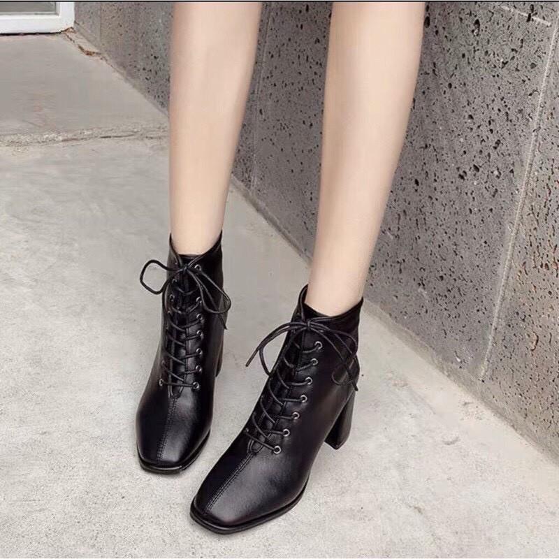 Bốt nữ cao gót, khóa sau mix dây buộc style xứ Hàn - Thời Trang PKT