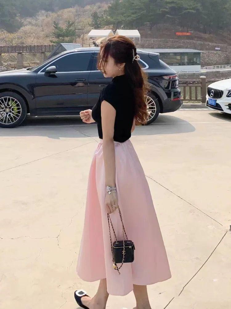 TOBE1SHOP Pháp Hepburn phong cách màu hồng nửa người váy nữ mùa hè eo cao váy dài chữ A nửa váy rộng dù váy nhỏ mùa hè