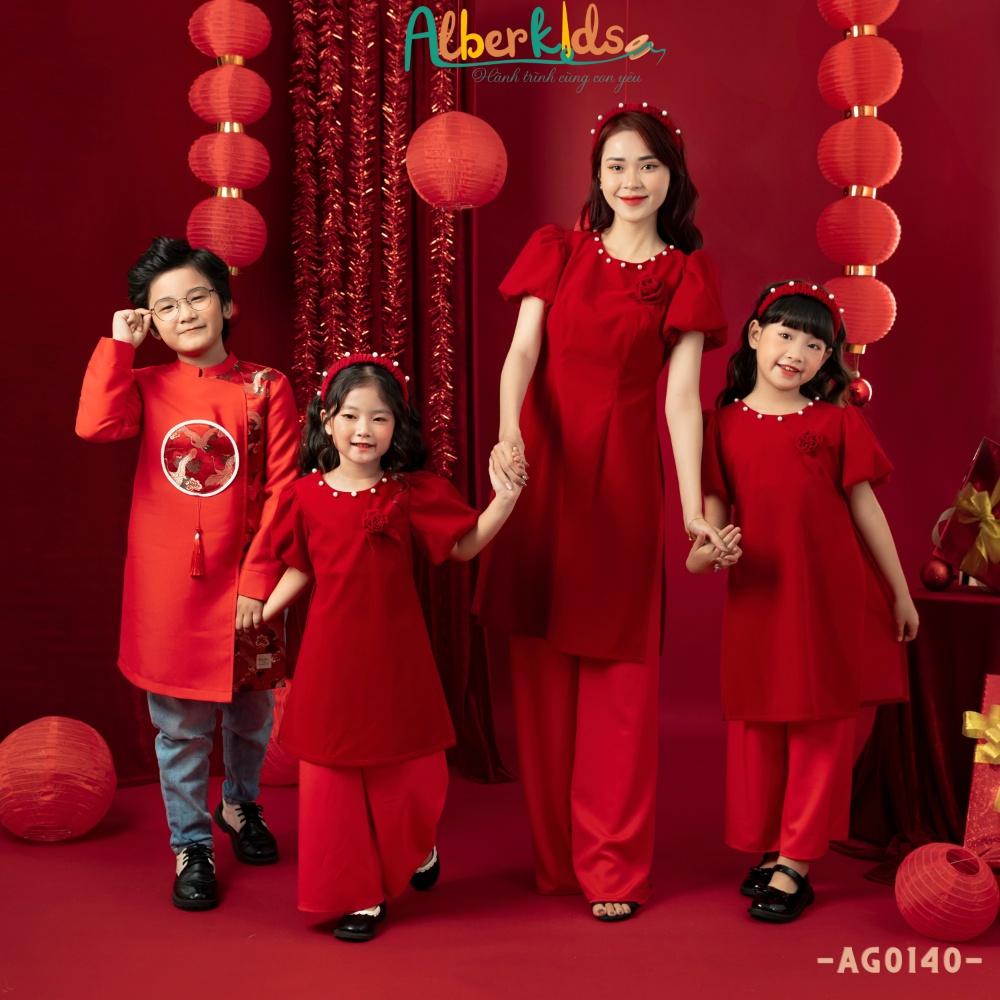 Áo dài nhung đính ngọc hoa ALBERKIDS cho mẹ và bé gái cho trẻ em 4,5,6,7,8,9,10,11,12,13,14,15 tuổi