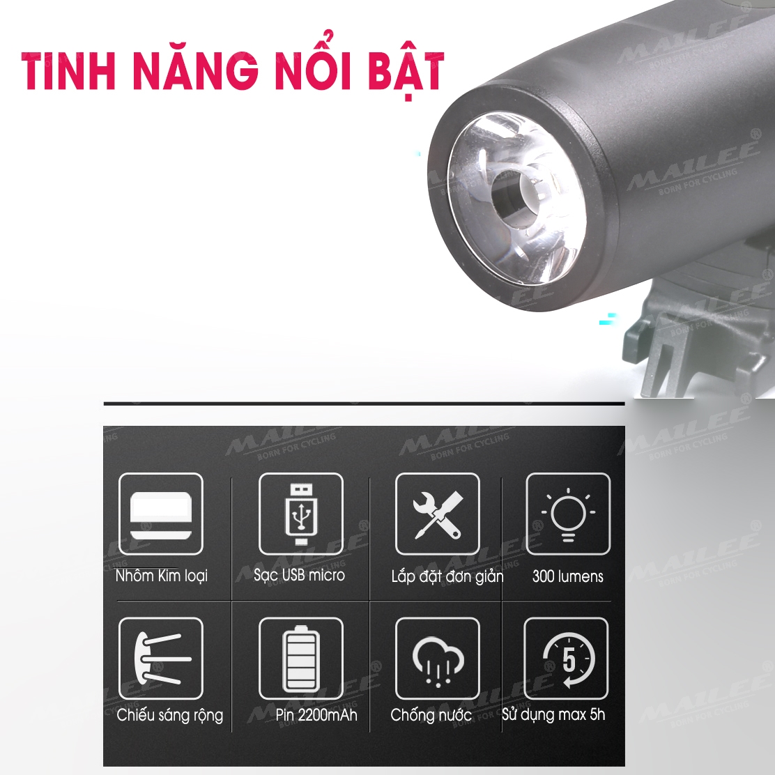 Đèn Xe đạp TX300 300 lumens chiếu sáng mạnh chất liệu Nhôm, sạc USB 2200mAh đi đêm chiếu sáng TW (không kèm pát treo ngược) - Mai Lee