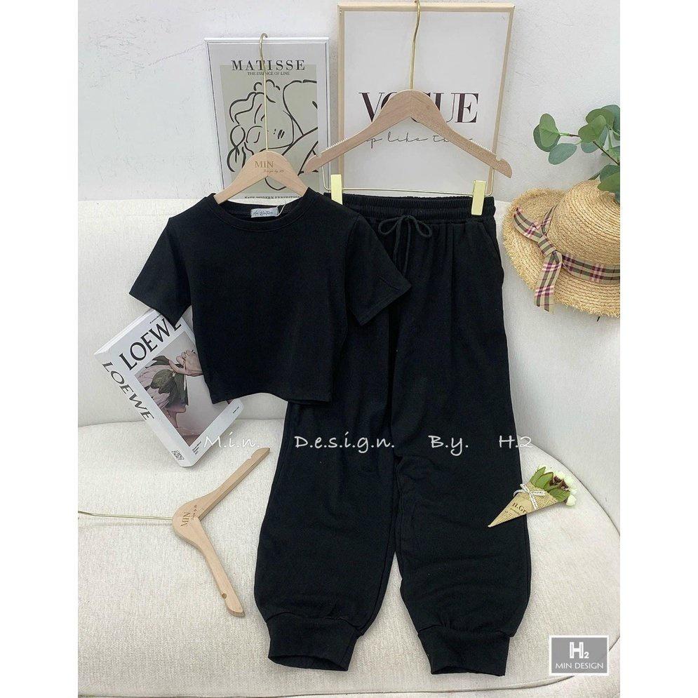 Set Bộ Áo Croptop Quần Jogger Nữ Thể Thao Set Áo Cộc Tay Quần Thun Ống Rộng 2 Màu Siêu Xinh