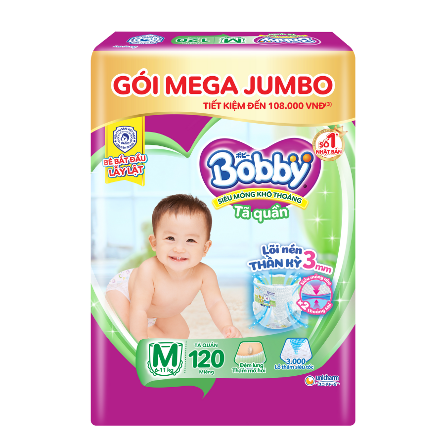 Tã/bỉm quần Bobby 3mm Mega Jumbo Gạo non Giảm nhiệt M112/L96/XL84/XXL76