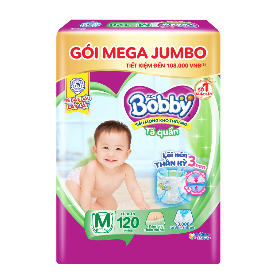 [TẶNG THÊM MIẾNG] Tã/bỉm quần Bobby 3mm Mega Jumbo Gạo non Giảm nhiệt M112/L96/XL84/XXL76