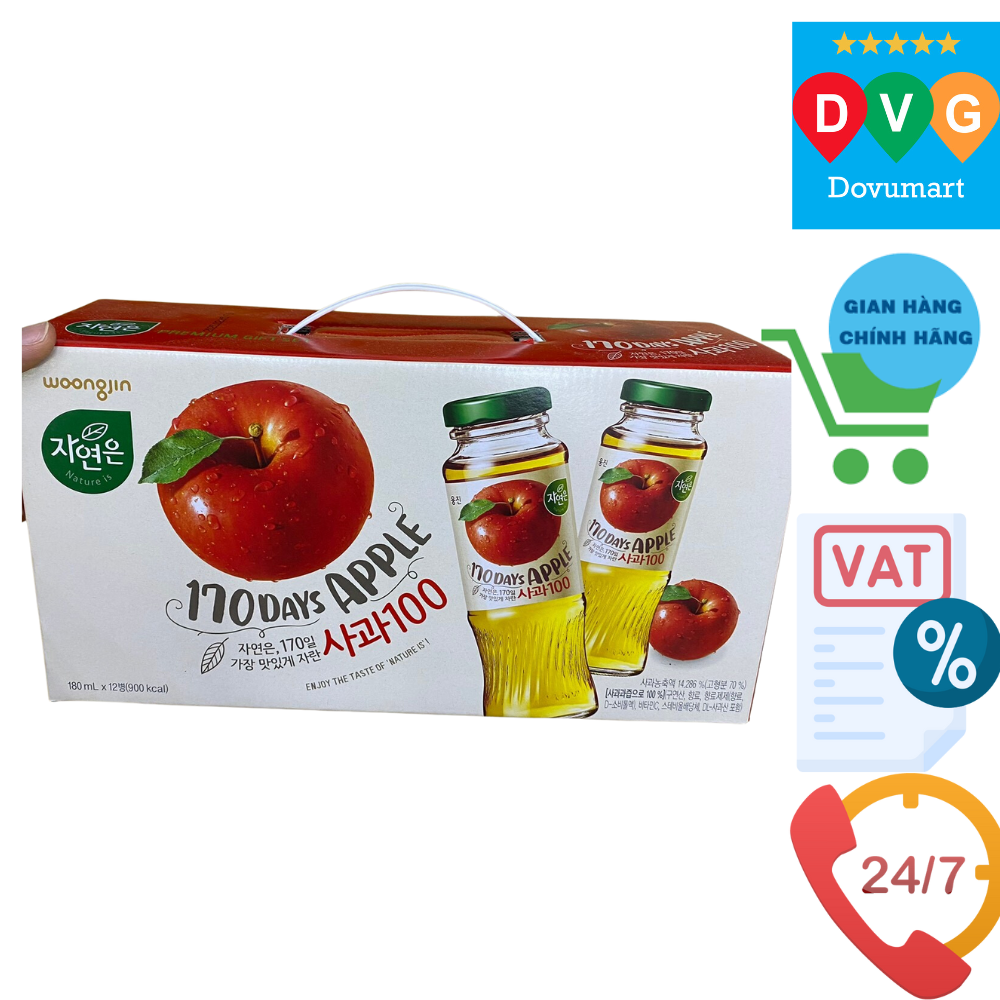 Xách 12 Chai Nước Táo Woongjin Hàn Quốc 180ML / 웅진) 자연은 사과 180ML