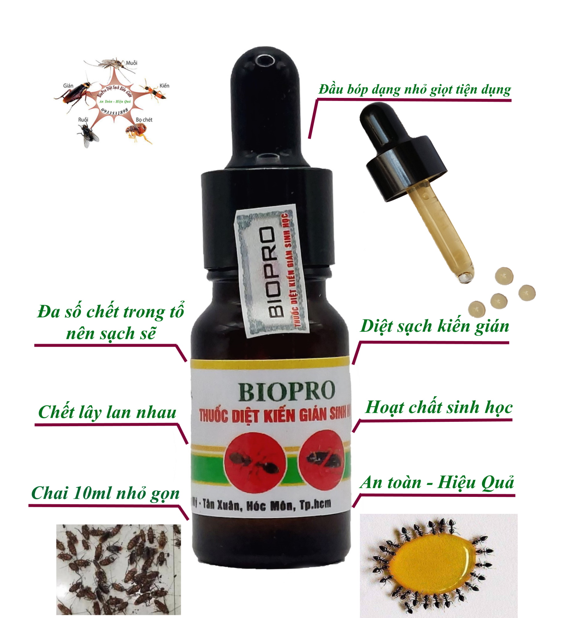 Thuốc Diệt kiến gián sinh học Biopro chai 10ml Dạng ống bóp nhỏ giọt tiện lợi, an toàn, hiệu quả, diệt sạch kiến gián