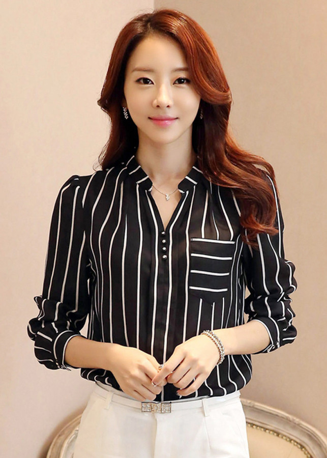 Áo Sơ Mi Nữ Sọc Phối Túi - Aq08120 - Đen - XL