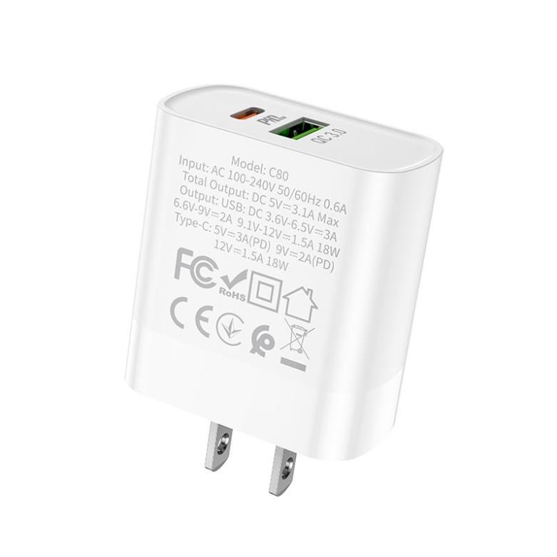 Củ sạc nhanh HOCO C80 20w 2 cổng sạc cho typeC và USB dùng cho ip, ss
