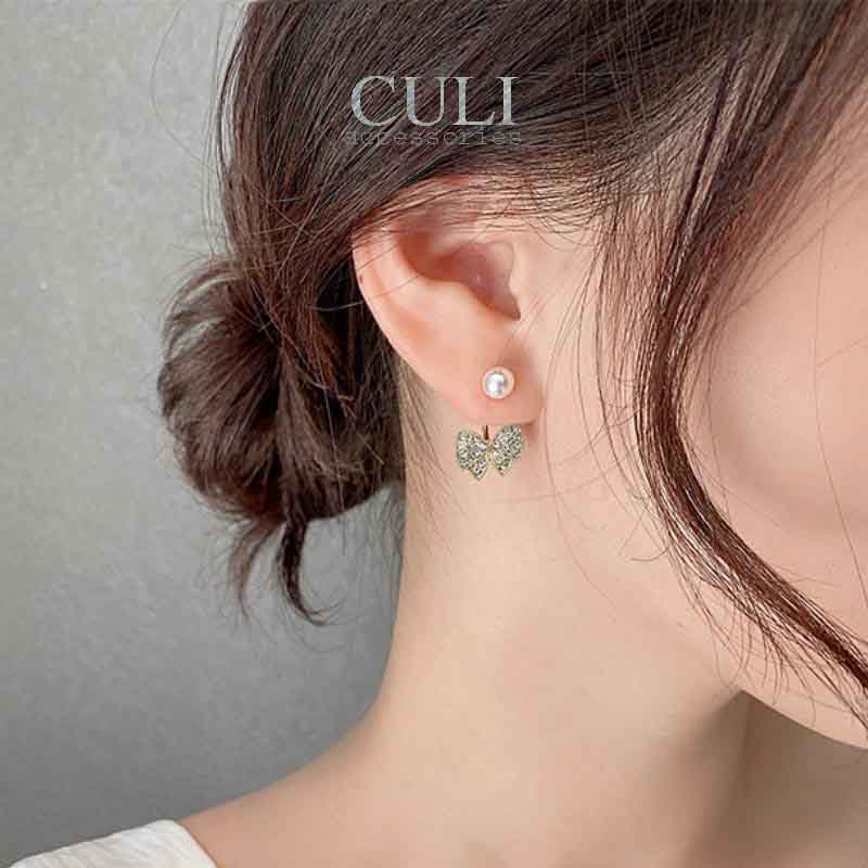 Khuyên tai hình nơ kết đá, phối hạt trai sang trọng HT674 - Culi accessories