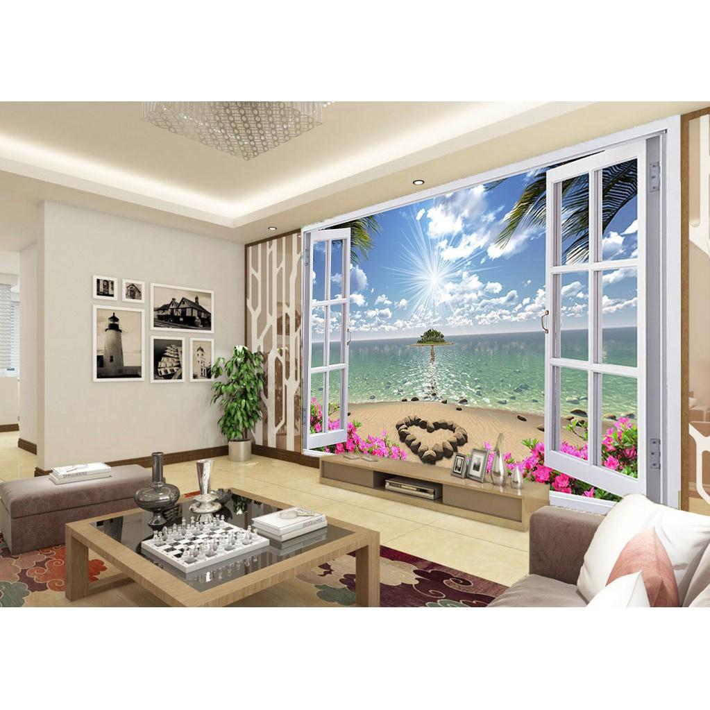 Tranh dán tường 3D cửa sổ phong cảnh biển - Vải lụa phủ kim sa