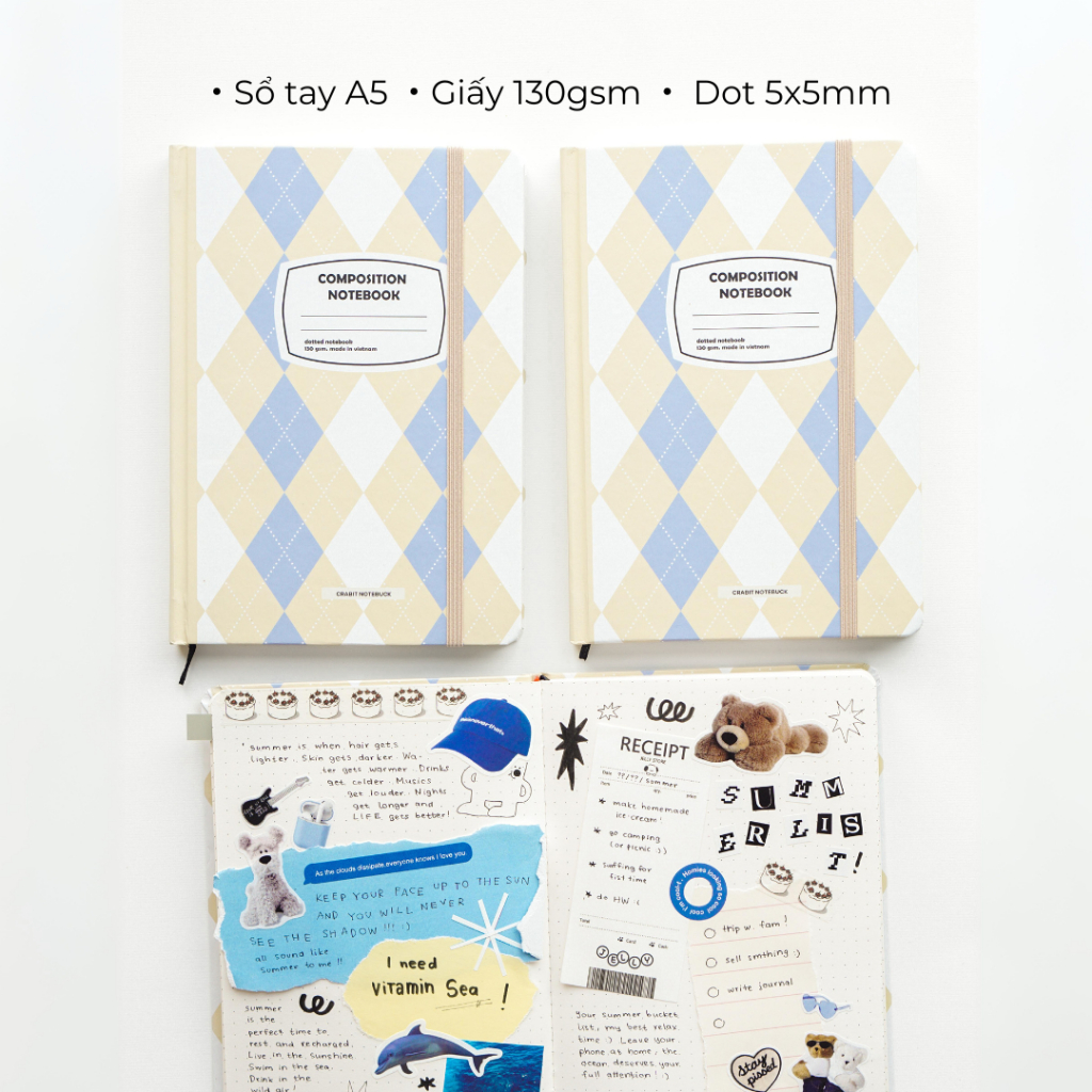 Sổ tay A5 ghi chép tiện dụng 130gsm Crabit Composition Gingham