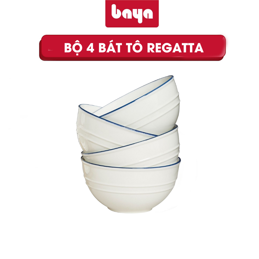 Bộ 4 Tô Mỳ BAYA REGATTA Chất Sứ Trắng Tráng Men Viền Màu Xanh Giúp Làm Đẹp Bàn Ăn Gia Đình 6000353