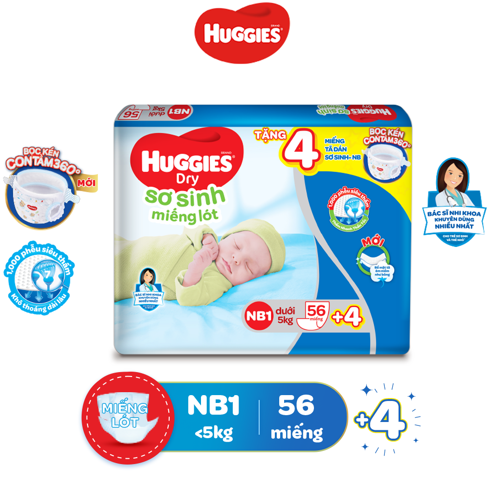 Miếng lót Sơ Sinh Huggies NB1 56 miếng - NB 1 56 (gói 56 miếng) + Tặng 4NB